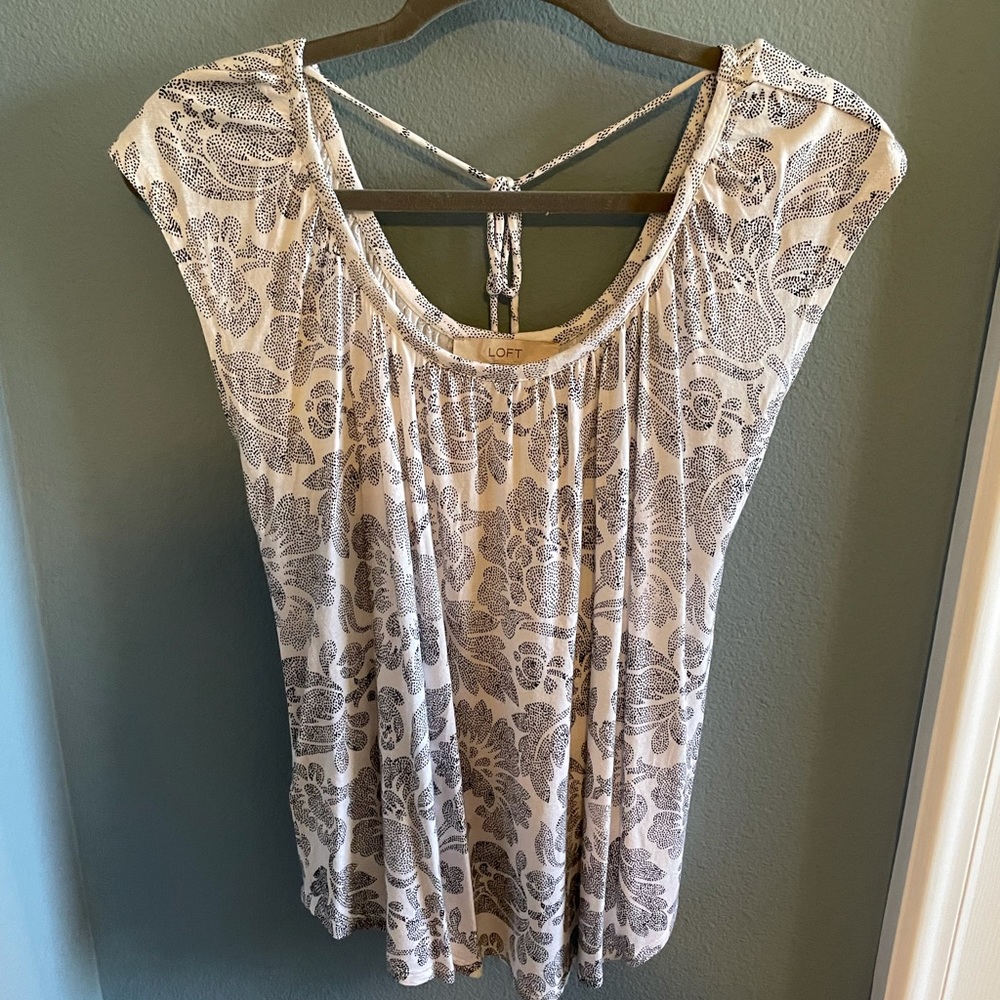 Loft top, white and blue pattern, size medium